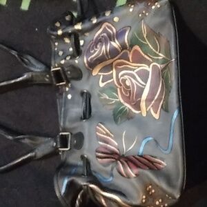 Anusehka genuine leather hand painted handbag with roses and butterfly EUC